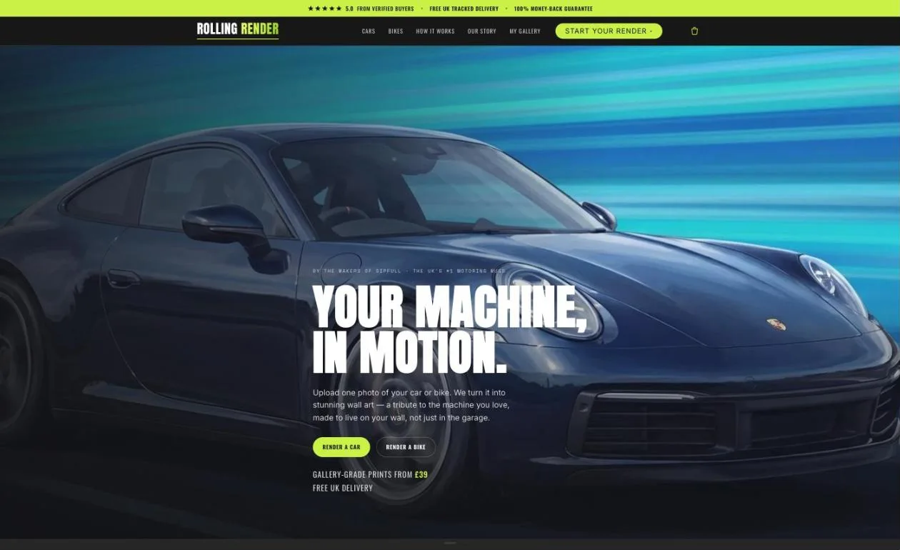 Rolling Render homepage with a cinematic render of a Porsche and the headline Your machine, in motion
