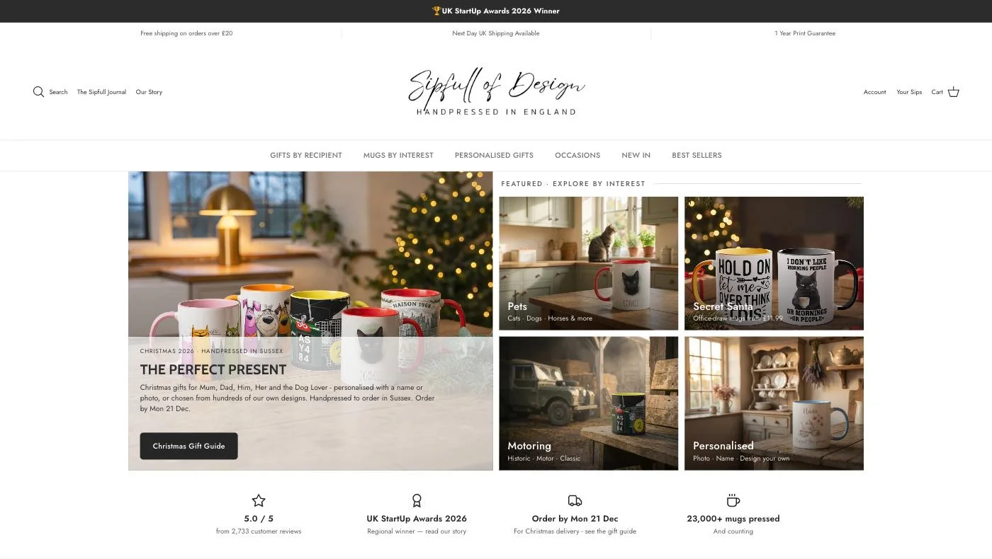 Sipfull of Design homepage showing Christmas gift mugs and shop-by-interest tiles