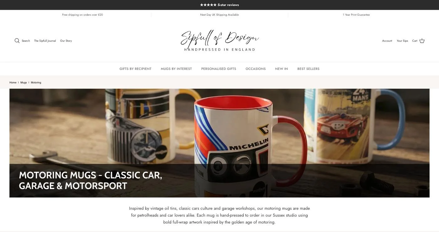 Sipfull of Design motoring mugs collection page